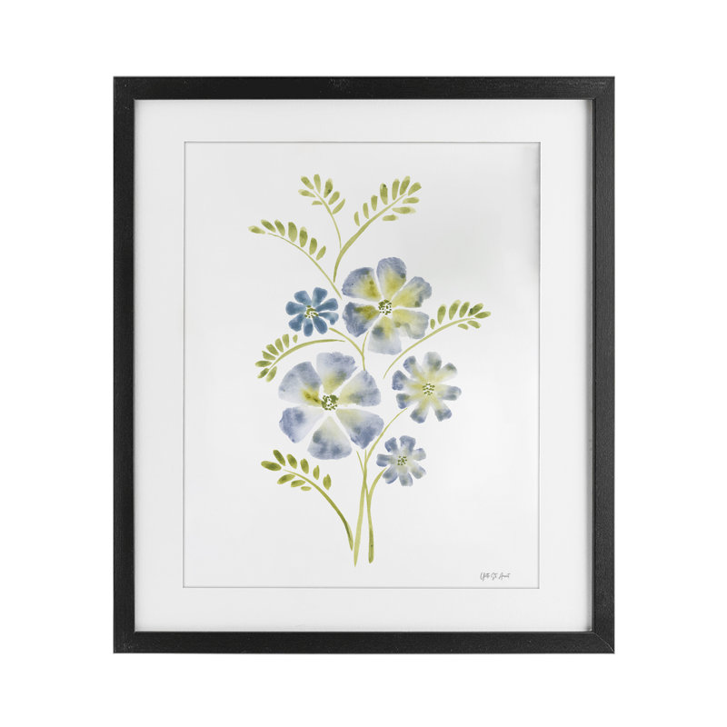 Fleur bleue pervenche, reproduction encadrée sous verre, design par Yvette St. Amant, H 16 po x l 13 po, Cadre noir minuit