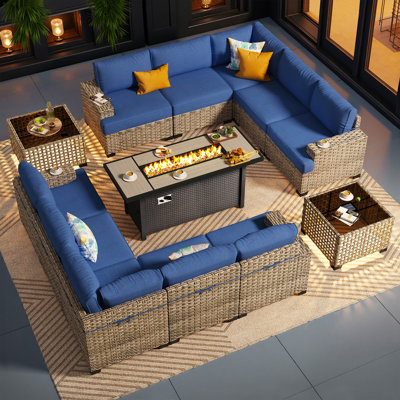 10-Person  Outdoor Sectional With Cushions,Led Coffee Table And Fire Pit,All-Weather Wicker Patio Set