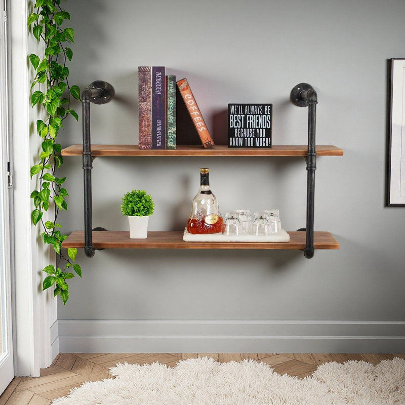 Industrial Pipe Shelving Wall Mounted,36In Rustic Metal Floating Shelves,Steampunk Real Wood Book Shelves,Wall Shelf Unit Bookshelf Hanging Wall Shelves,Farmhouse Kitchen Bar Shelving(2 Tier)