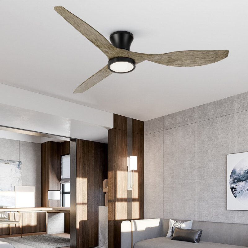 Ventilateur de plafond encastré 52 po avec lumière DEL et télécommande Jacara, Black with Gray Wood Blades