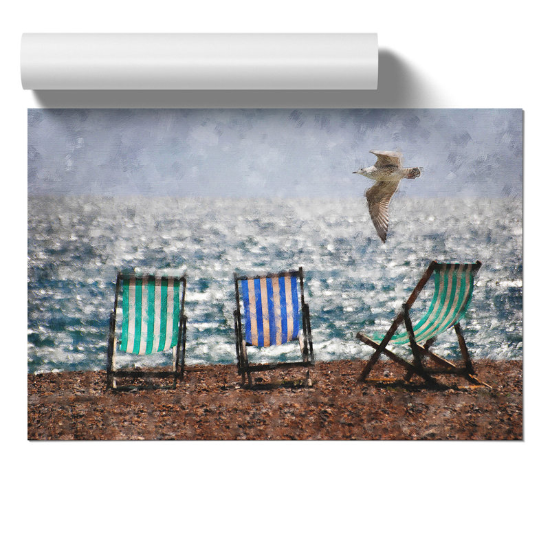 Seagull over Brighton Beach Deckchairs Painting - Frameless Print, 42cm H x 59cm W x 0.1cm D