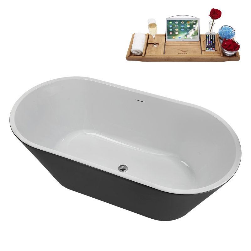 59" Streamline Soaking Glossy Black Freestanding Tub and Tray With Internal Drain, Polished Chrome