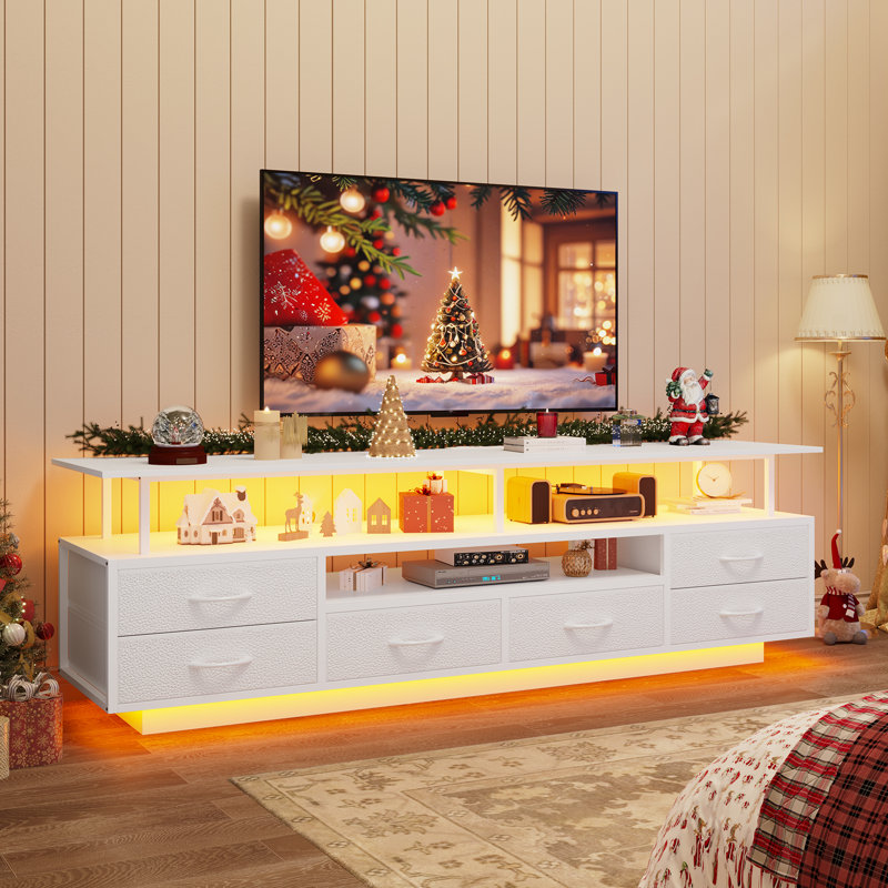 Tv Stand For Tvs Up To 70" With 6 Storage Drawers And Rgb Led Lights, Pu Finish Drawer, White