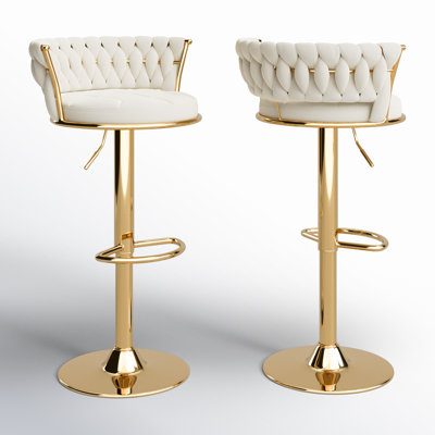 George Set of 2 Bar Stools with Woven Velvet Upholstered Backrest, Height Adjustable Counter Stools, Swivel Kitchen Stools for Kitchen Island, Bar, White