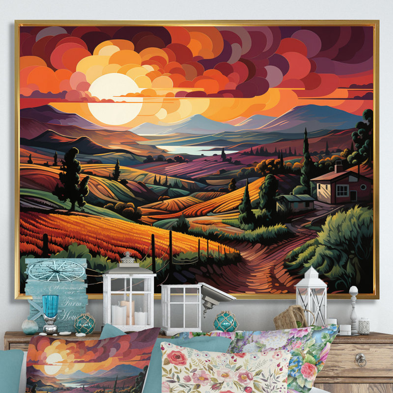 «Vineyard Sunset Rows Of Ruby Landscape III», reproduction sur toile, H 12 po x l 20 po x P 1 po, Cadre flottant doré