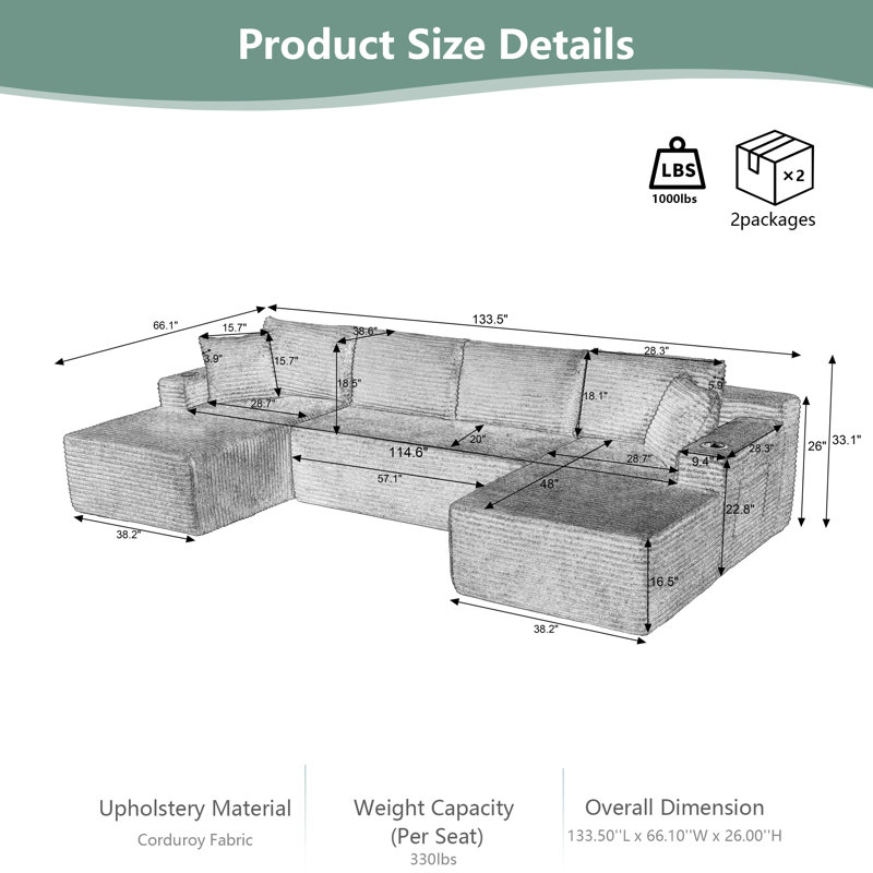 Canapé modulaire en forme de U Boneless, Velours côtelé gris foncé