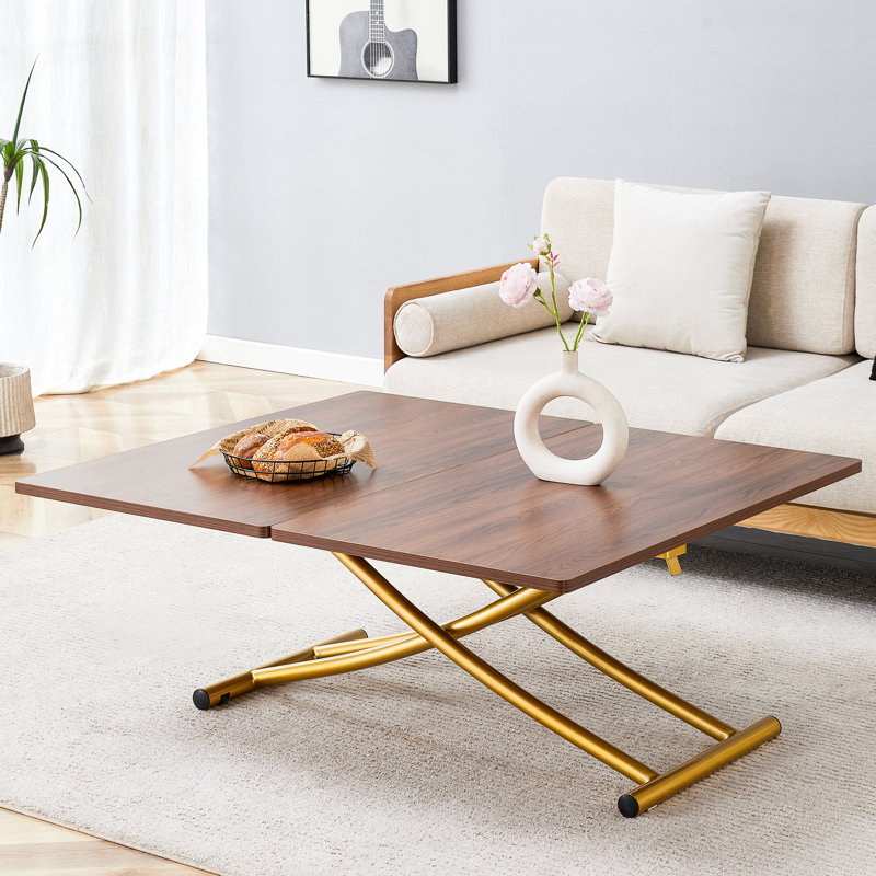 Table multifonctionnelle avec surface texturée en noyer de 0,8 pouce, pieds en métal doré, hauteur réglable, idéale pour la commode, le café et le bureau