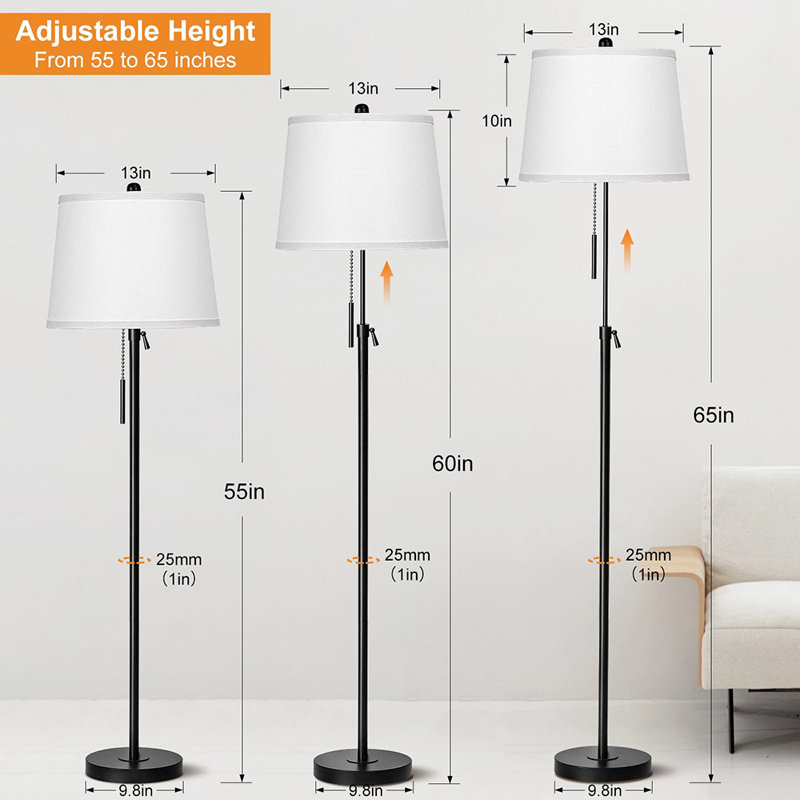 Modern Dimmable Floor Lamp with Adjustable Height, Linen Shade, Warm White Bulb Included for Living Room & Bedroom, Black