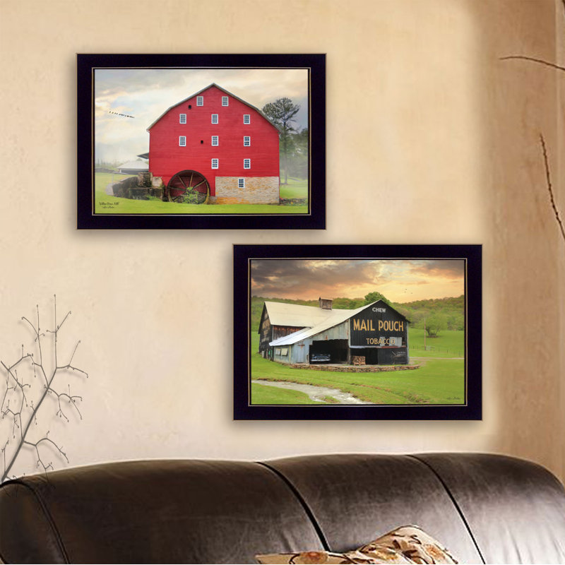 «Mail Pouch Barn and Mill», ensemble de 2 vignettes encadrées pour salon, mur de maison par Lori Deiter, Cadre noir