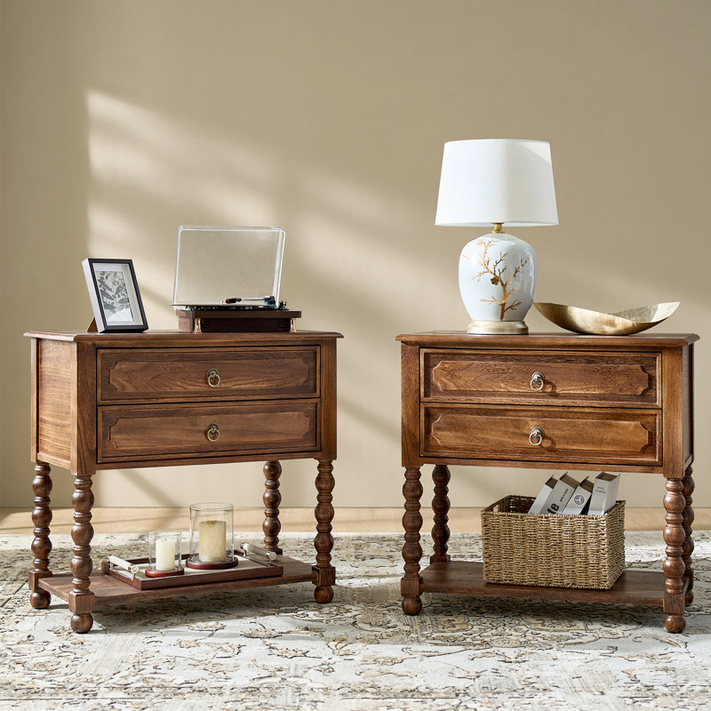 Jeremie Traditional 30"Tall Solid Wood 2-Drawer End Table with Built-in Charging Outlets, Walnut