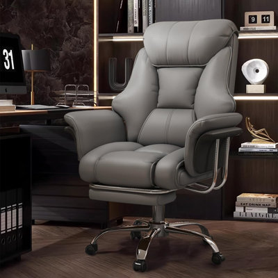 Fauteuil de bureau robuste et grand en cuir robuste, fauteuil de jeu ergonomique réglable en hauteur avec siège large et large et repose-pieds amovible (gris)