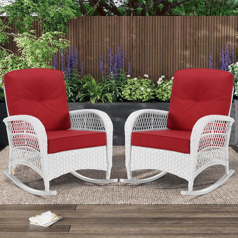 White Wicker Outdoor Rocking Chairs with Red Cushions