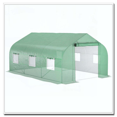 Serre de plain-pied 11,5 pi x 10 pi x 7 pi Outsunny, serre avec porte à fermeture à glissière et 6 fenêtres en filet, serre chaude pour plante de jardinage avec cadre en acier galvanisé, vert
