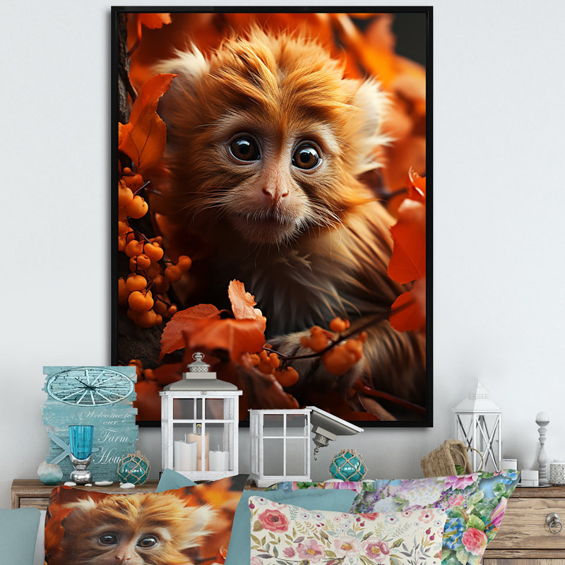Brown Fall Foliage Monkey - Monkey Animal Wall Art, Black Floater Framed, 44" H x 34" W x 1.5" D