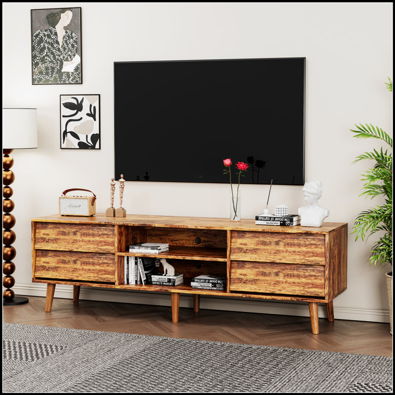 Meuble télé 63 pouces de style rétro avec design biseauté, tiroirs et pieds en bois robustes pour le divertissement dans le salon
