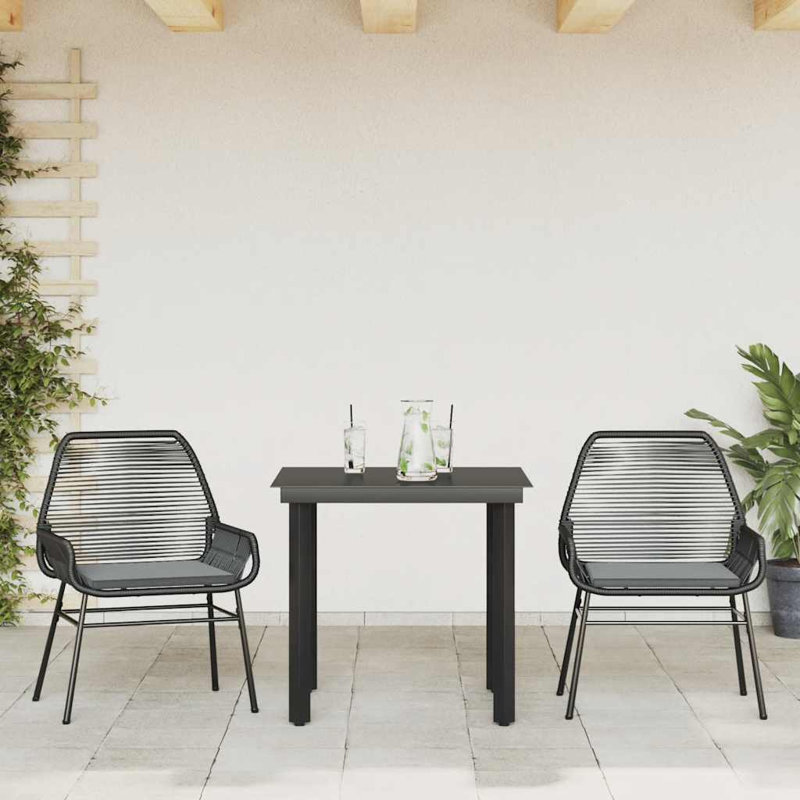 Ensemble repas de patio avec coussins en verre et poly rotin, Noir / Noir, H 29,1 po x l 31,5 po x L 31,5 po, 2