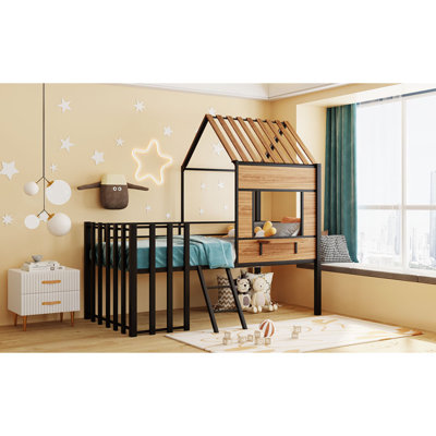 Metal  Loft Bed With Roofwindowguardrailladder