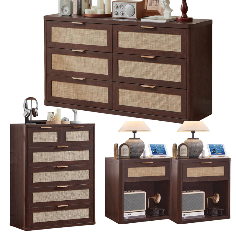 Ensemble de commode et table de chevet en rotin de 4, commode 6 tiroirs, table de chevet avec station de charge et commode haute