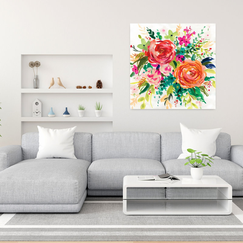 «Bright Bouquet I», art contemporain moderne coloré au printemps, H 36 po x l 36 po