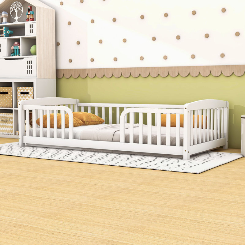 Lit de plancher moderne en bois avec garde-corps, Twin, White