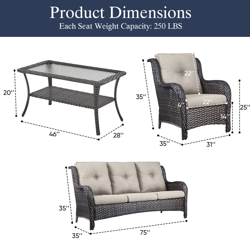 Carolina 5-Person Square Outdoor Conversation Set With 3-Seat Sofa And Armchair, Beige