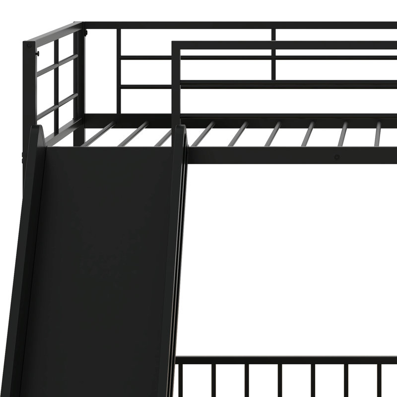 Twin Over Twin Size Metal Bunk Bed With Slide And Guardrails, Black