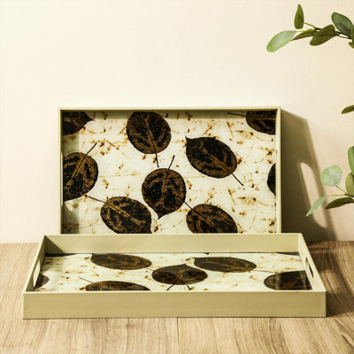 Ayslinn 2 piece Glass Decoration Tray for Living Room Decor, White with Brown Gold Leaf Design Serving Tray