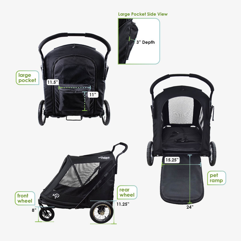 Petique - New & Improved Apollo Elite Light Wt. Pet Stroller For Large, Senior, Disabled& Multiple Pets; Bult-In Sturdy Ramp, Low To Ground, Air Tires, Convertible Canopy, Supports Up To 133 Lbs.