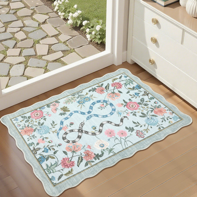 Farmhouse Floral Rug Washable Rug Non Slip Modern Scalloped Carpet, Soft Non Shedding Indoor Carpet, Low Pile Thin Foldable Printed Mat