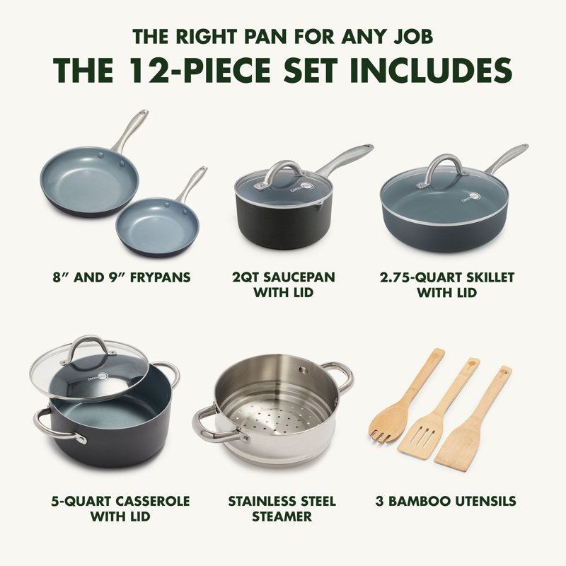GreenPan Lima Hard-Anodized Healthy Ceramic Nonstick 12 Piece Cookware Set, Black