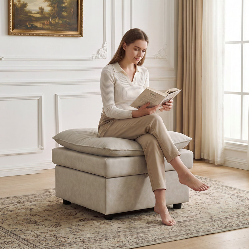 Repose-pieds carré avec rangement 27,2 po, Pu-beige
