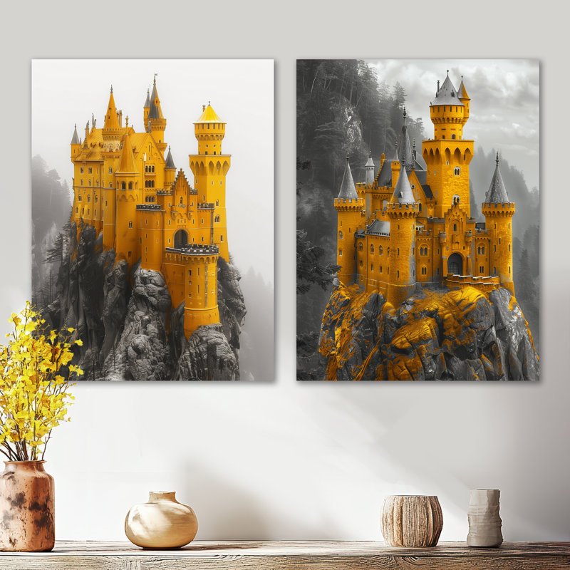 Fortress Castle in Mountain I - Ensemble de 2 décorations murales médiévales en métal, 32" H x 48" W