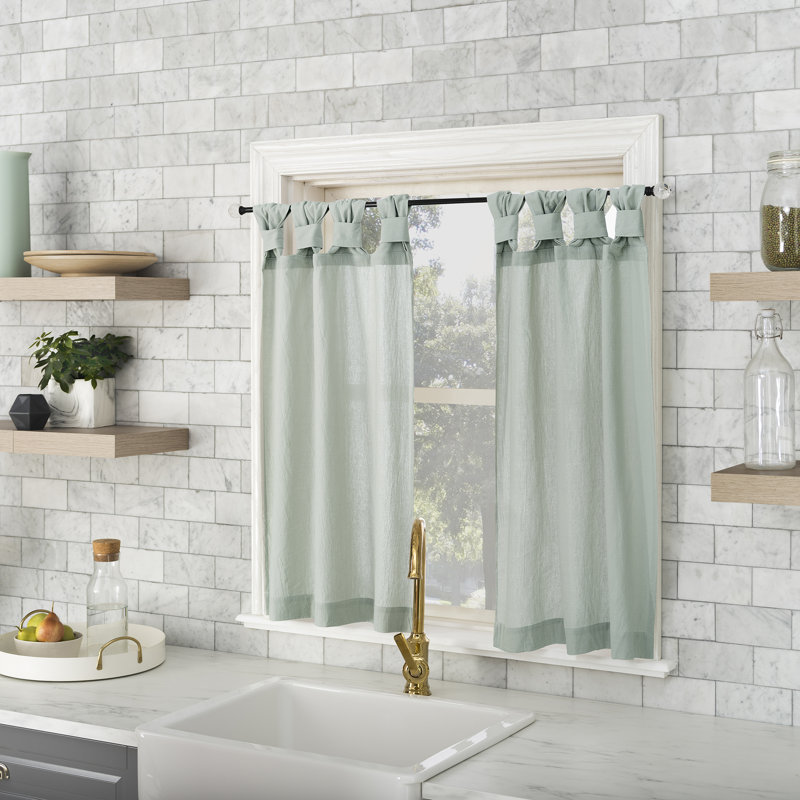 Archaeo Sarro Washed Cotton Semi-Sheer Tab Top Kitchen Curtain Tier Pair, Seafoam, 52" W x 36" L