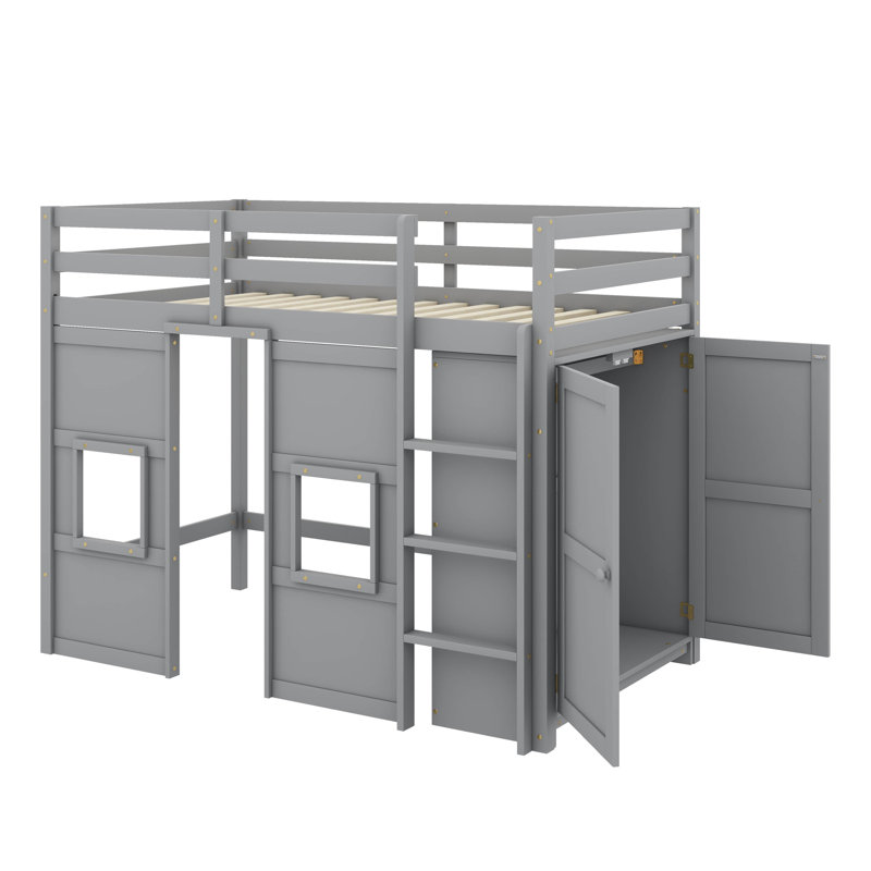 Lit mezzanine en bois avec garde-robe de rangement, Gris
