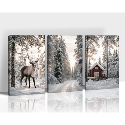 Ensemble de 3 toiles décoratives de Noël, imprimés rustiques de forêt enneigée, tableaux de chalet rouge nordique, peinture de cerf sereine, décoration murale apaisante pour salon, chambre ou maison pendant les fêtes, 81 x 122 cm (3 pièces)