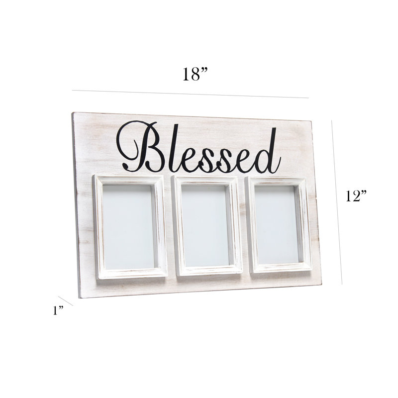 White Wash Wood Triptych Photo Frame with Blessed Typography