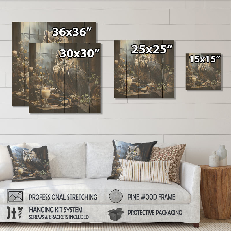Pensées de hibou brun de la Renaissance III - Chouette sur bois, H 15 po x l 15 po