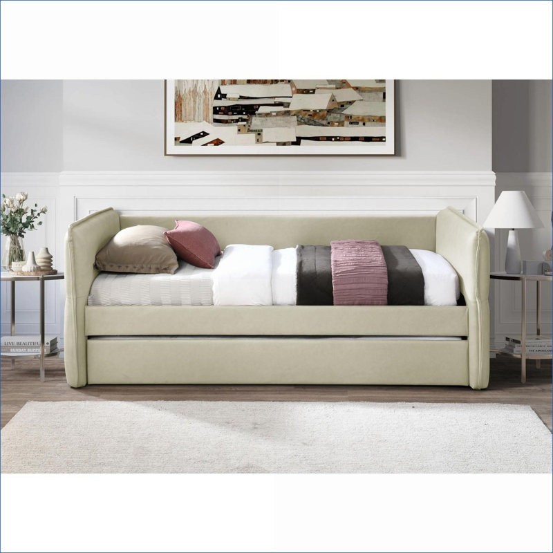 Daybeds Twin Over Twin with Trundle, Modern Upholstered for Guest Room Dorm Small Spaces | Tan | Upholstered, Tan Polyester