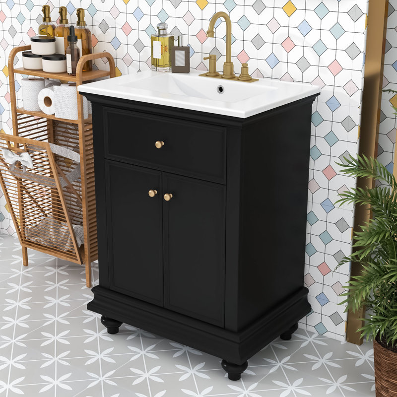 Meuble-lavabo élégant avec lavabo en céramique, tablette réglable, tiroir basculant et charnières à fermeture en douceur