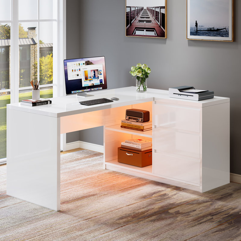 White L-Shaped Computer Desk With 3 Drawers, 55'' Modern Corner Home Office Executive Desk With Led Light