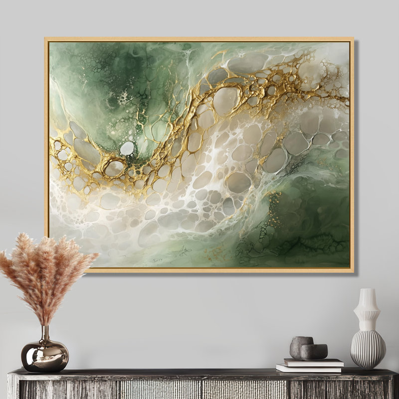 Éphémère, chemin émeraude vers la pierre précieuse I - art mural en marbre, H 34 po x l 44 po, Cadre flottant, Naturel