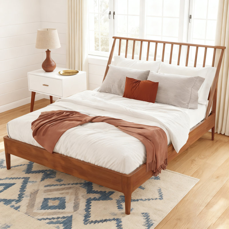 Solid Bamboo Wood Spindle Platform Queen Bed With Tall Headboard, Bohemian Mid-Century Modern Style, No Box Spring Required, Brown