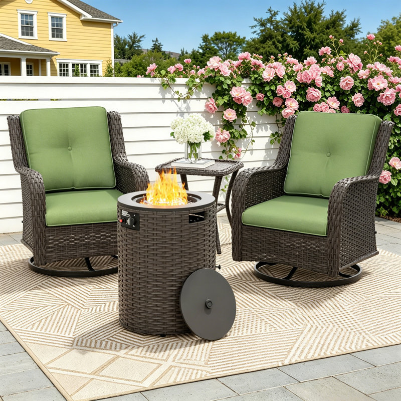 Ensemble de conversation en rotin pour 2 personnes avec table de foyer au propane 2 en 1, 2 chaises pivotantes et coussins verts