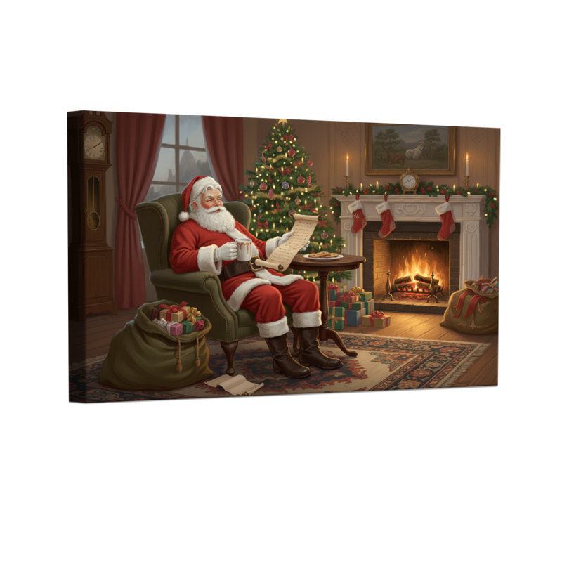 Ensemble de 3 reproductions d'art sur toile, "Christmas Santa Reading List By Fireplace", H 12 po x l 18 po