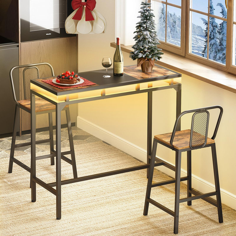 34.6" Bar Table with LED Lights, Rustic Brown/Black