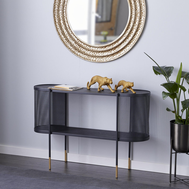 Alan Black Metal Mesh Side Panel Living Room Console Table with Open Center Storage, 47" x 15" x 32"