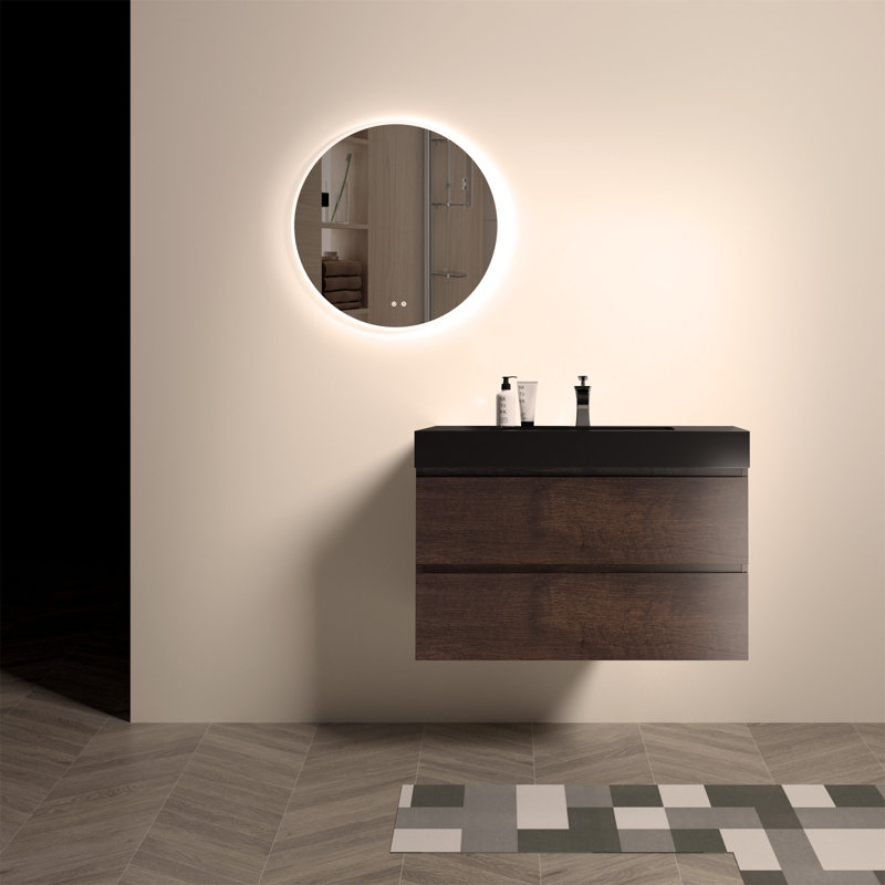 Meuble-lavabo mural 36 po pour salle de bain avec lavabo 36 po, Noyer, Noir, noir, noir, noir