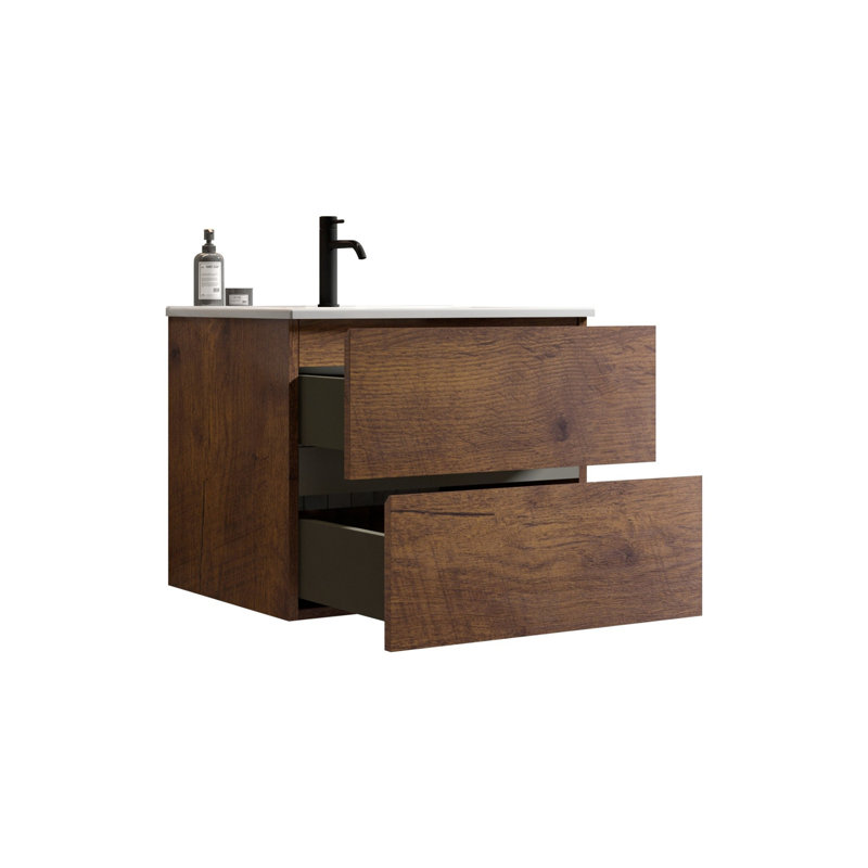 Wall Mount 24" Bathroom Vanity with Ceramic Sink, Walnut