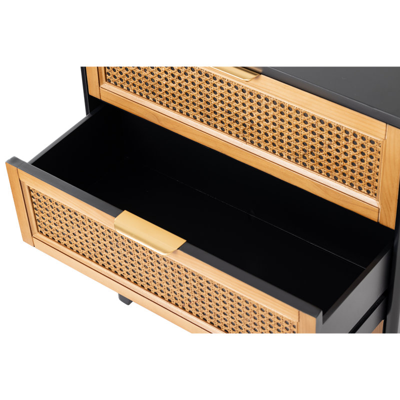Aril 3-Drawer Woven Cane Front Accent Chest, Mid Century Modern 3 Drawers Nightstand, Black