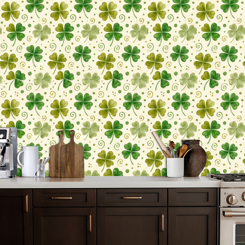 Papier peint adhésif autocollant à quatre feuilles vert botanique, vert, jaune, floral